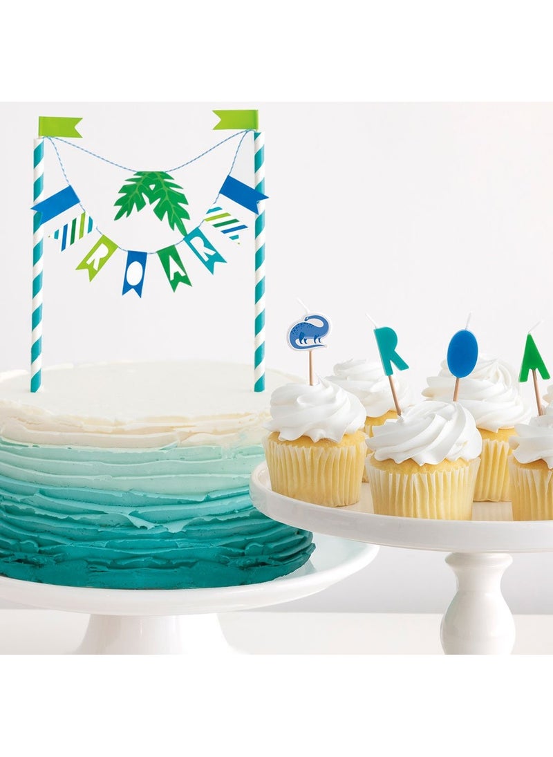 يونيك زينة كعكة على شكل علم زئير الديناصور من الورق المقوى باللون الأزرق والأخضر مقاس 21 سم - Image 2