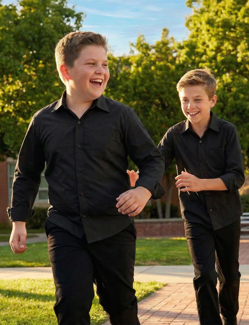 Spring&Gege Boys' Long Sleeve Dress Shirts Formal Uniform Poplin Solid, Black, U.S.Size 10 - Image 2