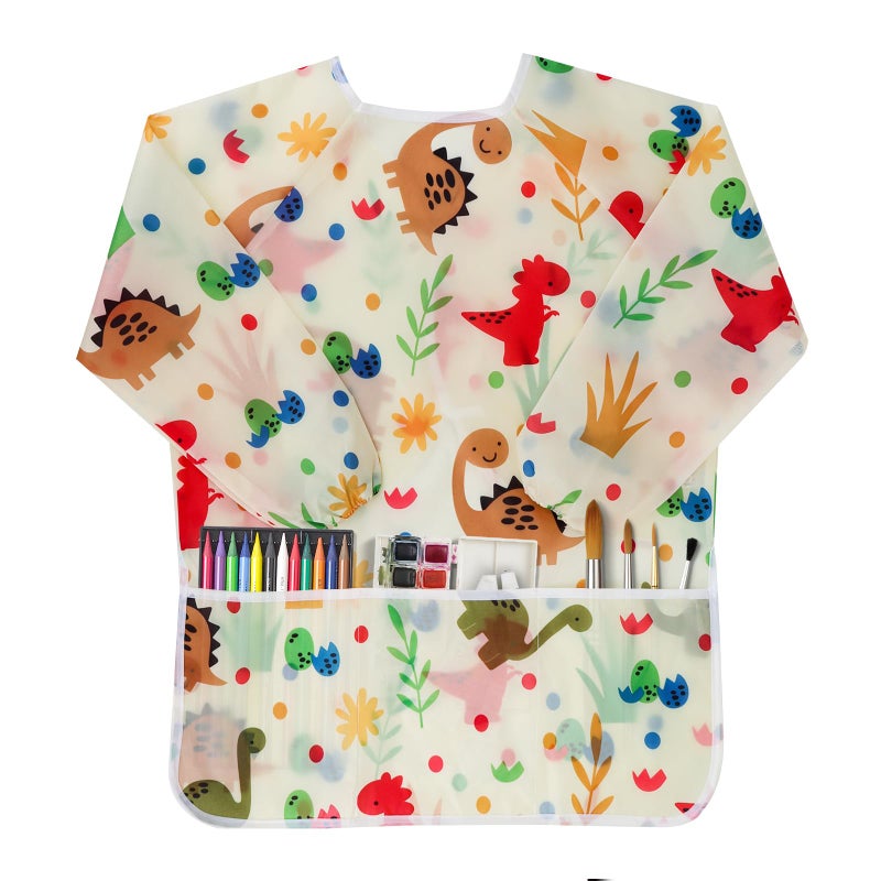 BAHABY Kids Art Smocks Dinosaur Painting Aprons for Children Waterproof Artist Smock with Long Sleeve and 3 Pockets for Age 38 Years Off white - Image 2