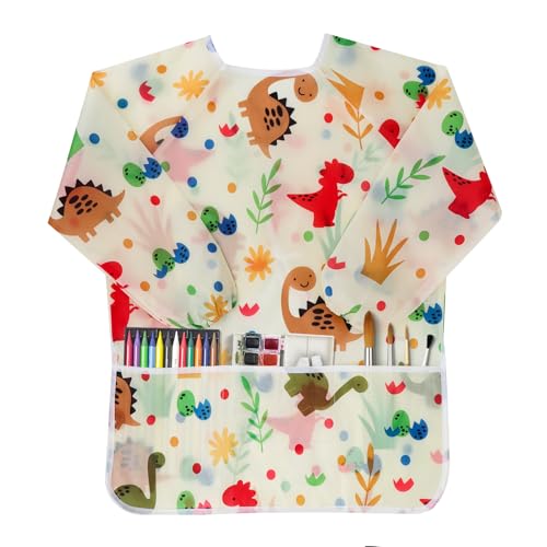 BAHABY Kids Art Smocks Dinosaur Painting Aprons for Children Waterproof Artist Smock with Long Sleeve and 3 Pockets for Age 38 Years Off white - Image 1