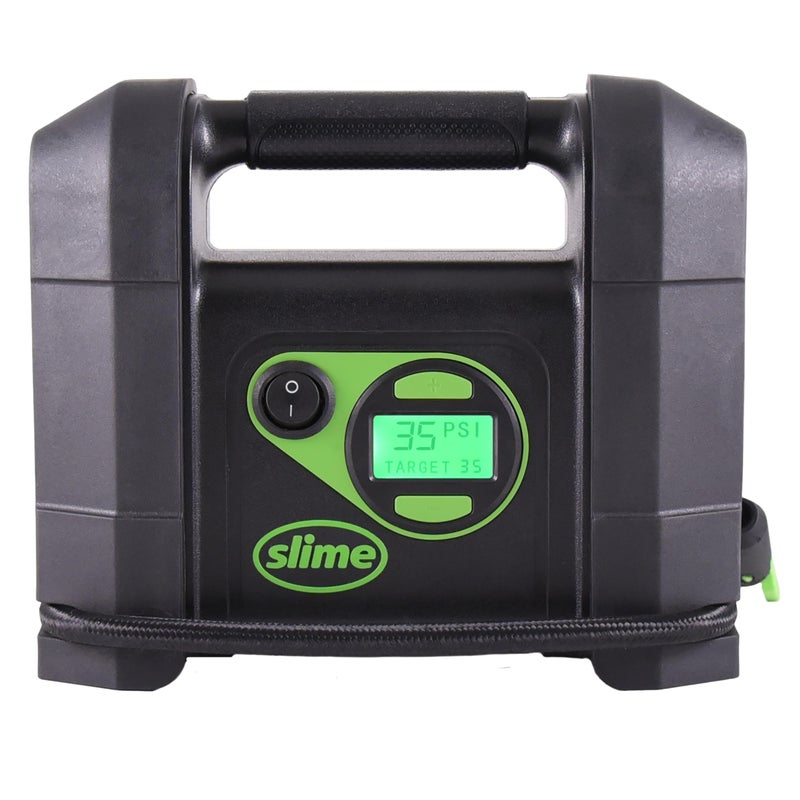 Slime 40047 Tire Inflator Portable Car Air Compressor Rugged Inflate Right automatic shut off with Digital 99 psi Display Long Hose and LED Light 12V 4 min inflation