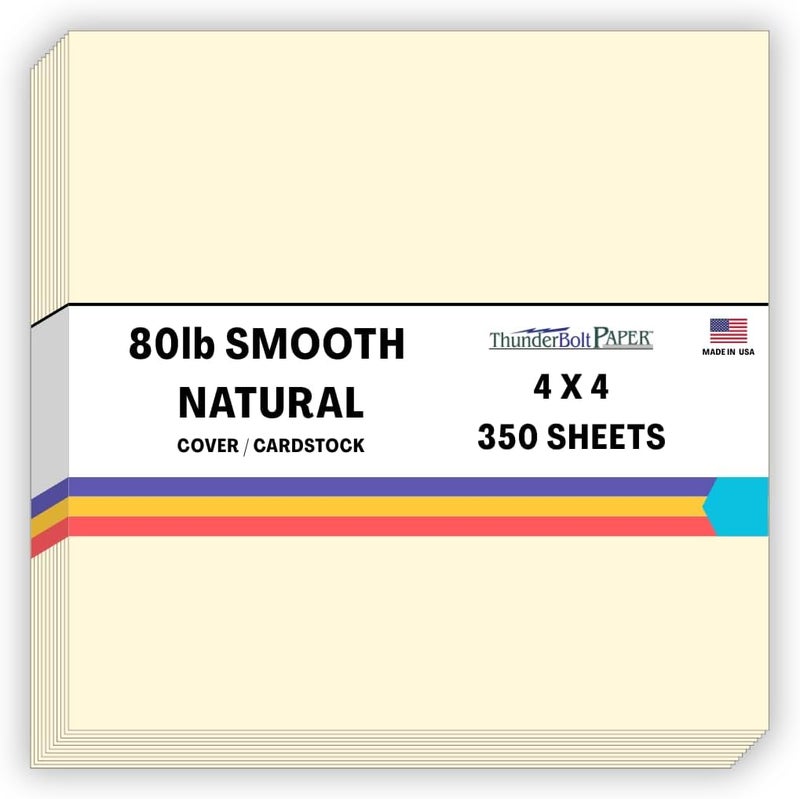 ThunderBolt Paper 350 Natural Smooth Card Stock Sheets Paper - 4 X 4 Inches Small Square Card Size - 80# (80 lb/pound) Cover Weight - Quality Paper - Smooth Finish - Image 1