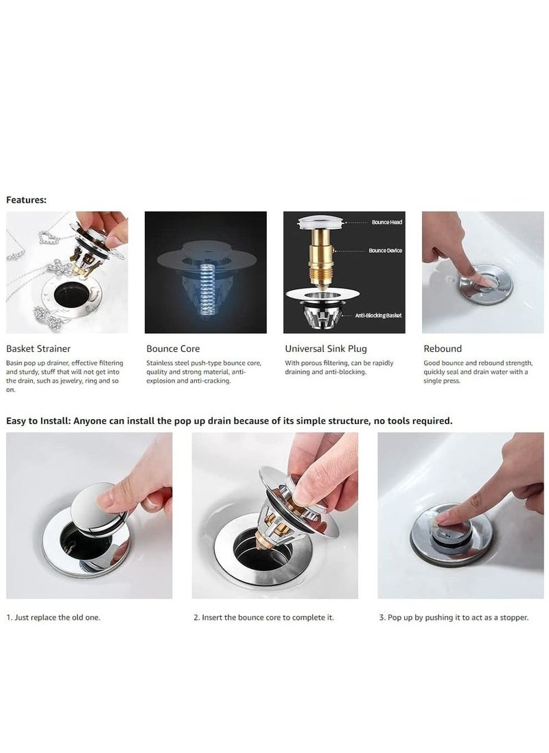 XiuWoo - 2 in 1 Stainless Steel Spring Core Pop Up Drain Plug and Universal Replacement Sink Strainer Stopper - Image 1