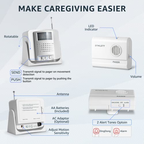 SYNLETT Caregiver Pager Wireless Call Buttons Motion Sensor Alarm Indoor for Elderly Monitoring Fall Prevention Bed Alarm Alert System Portable Nurse Call for Seniors Dementia Patients Emergency - Image 5