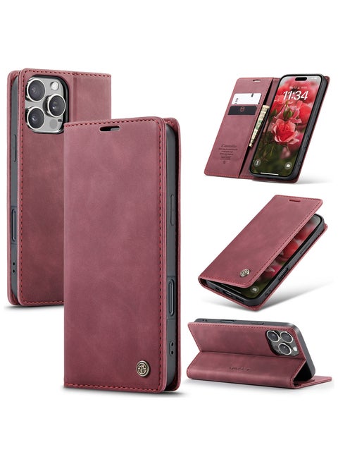CaseMe iPhone 15 Pro MAX, Premium Vintage Leather Flip Case [TPU Protection] [Protective Function] [Card Slots] [Magnetic Closure] Leather Flip Case for Original iPhone 15 Pro MAX - Wine Red