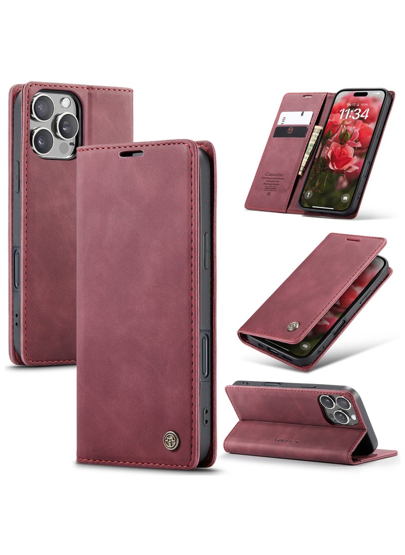 CaseMe - CaseMe iPhone 15 Pro MAX, Premium Vintage Leather Flip Case [TPU Protection] [Protective Function] [Card Slots] [Magnetic Closure] Leather Flip Case for Original iPhone 15 Pro MAX - Wine Red - Image 1