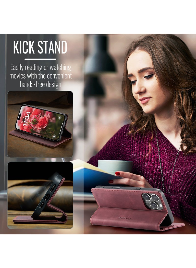 CaseMe - CaseMe iPhone 15 Pro MAX, Premium Vintage Leather Flip Case [TPU Protection] [Protective Function] [Card Slots] [Magnetic Closure] Leather Flip Case for Original iPhone 15 Pro MAX - Wine Red - Image 1