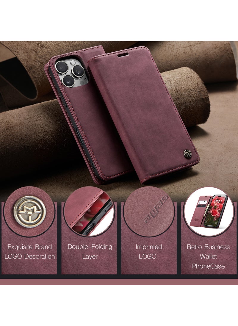 CaseMe - CaseMe iPhone 15 Pro MAX, Premium Vintage Leather Flip Case [TPU Protection] [Protective Function] [Card Slots] [Magnetic Closure] Leather Flip Case for Original iPhone 15 Pro MAX - Wine Red - Image 1