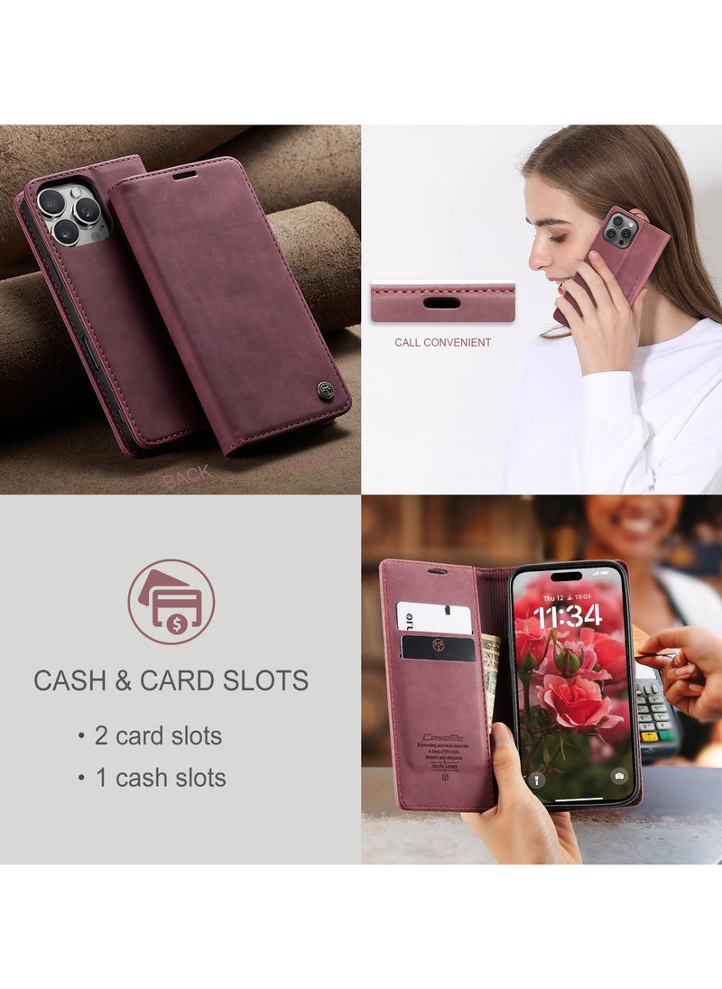 CaseMe - CaseMe iPhone 15 Pro MAX, Premium Vintage Leather Flip Case [TPU Protection] [Protective Function] [Card Slots] [Magnetic Closure] Leather Flip Case for Original iPhone 15 Pro MAX - Wine Red - Image 1