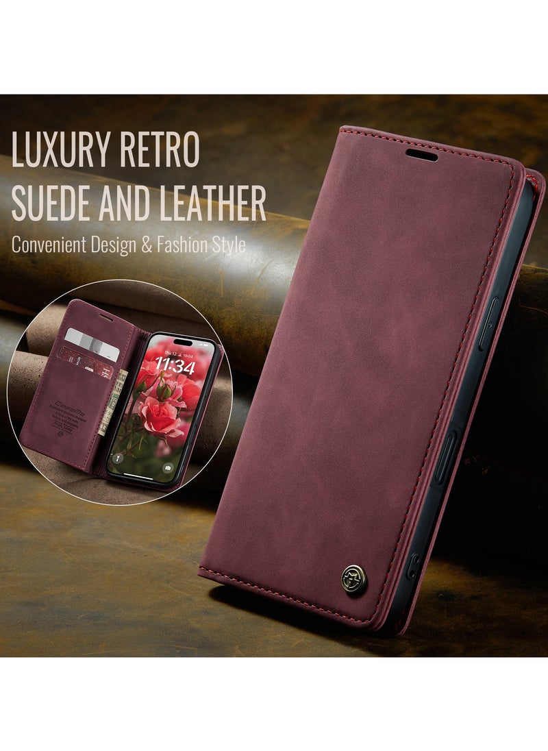 CaseMe - CaseMe iPhone 15 Pro MAX, Premium Vintage Leather Flip Case [TPU Protection] [Protective Function] [Card Slots] [Magnetic Closure] Leather Flip Case for Original iPhone 15 Pro MAX - Wine Red - Image 1