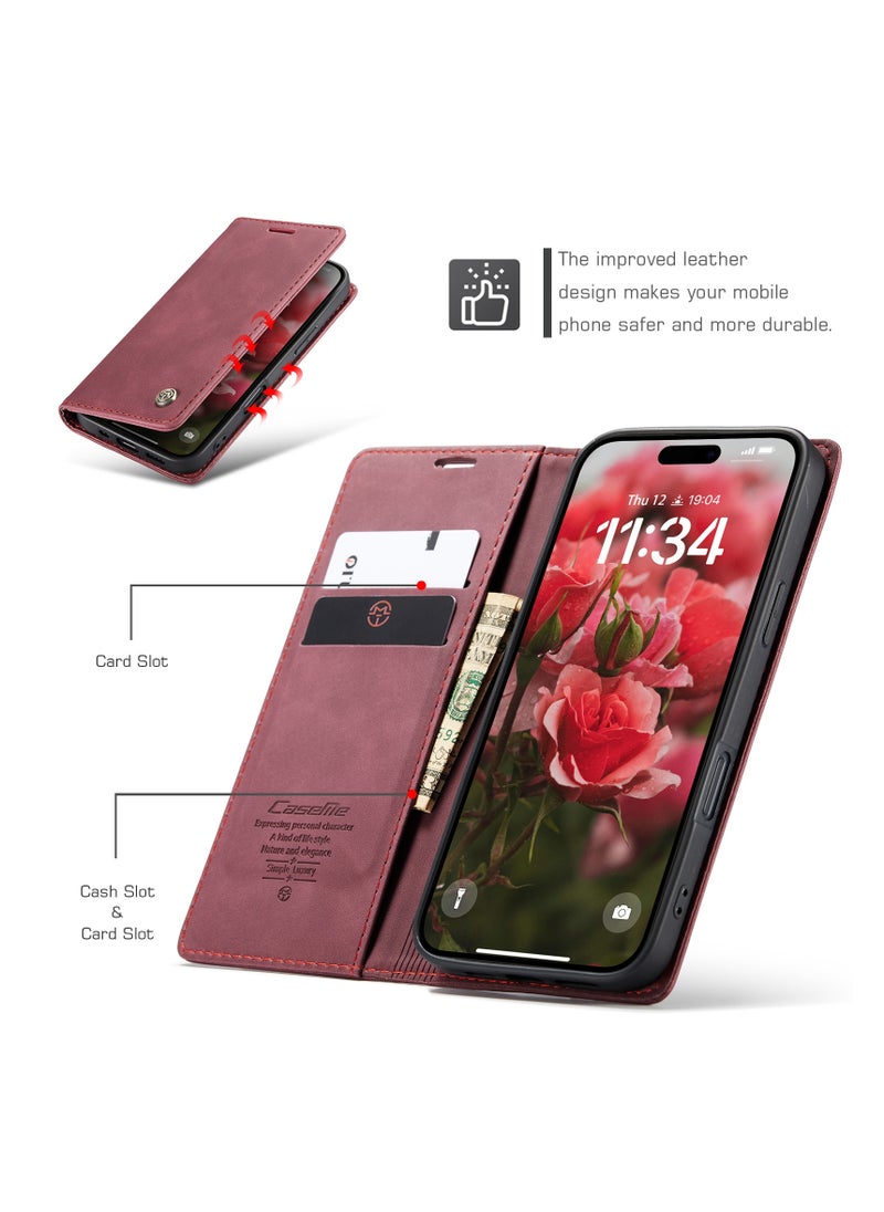 CaseMe - CaseMe iPhone 15 Pro MAX, Premium Vintage Leather Flip Case [TPU Protection] [Protective Function] [Card Slots] [Magnetic Closure] Leather Flip Case for Original iPhone 15 Pro MAX - Wine Red - Image 1