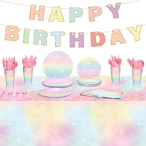 Teling 172 Pcs Rainbow Birthday Decorations Pastel Rainbow Plates Birthday Plates and Napkins Serves 24 Disposable Paper Tablecloth Cups Fork Happy Banner for Baby Shower Easter Party Decoration - Image 1