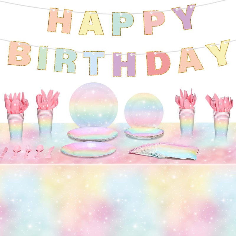 Teling 172 Pcs Rainbow Birthday Decorations Pastel Rainbow Plates Birthday Plates and Napkins Serves 24 Disposable Paper Tablecloth Cups Fork Happy Banner for Baby Shower Easter Party Decoration - Image 2