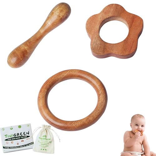 TINIGREEN Star Ring Dumbbell Shaped Organic Neem Wood Teether for 6 to 12 Months Infant Baby (Star Ring Dumbbell Shape) - Pack of 3 - Image 1