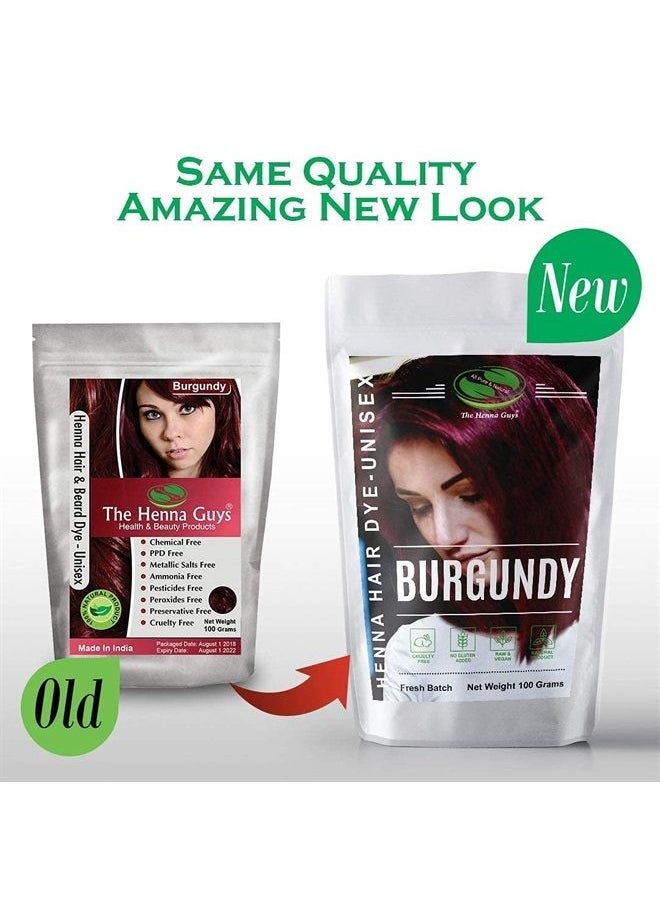 The Henna Guys - 1 Pack Burgundy Red Henna Hair & Beard Color/Dye 100 Grams - Chemicals Free Hair Color - The Henna Guys - Image 1