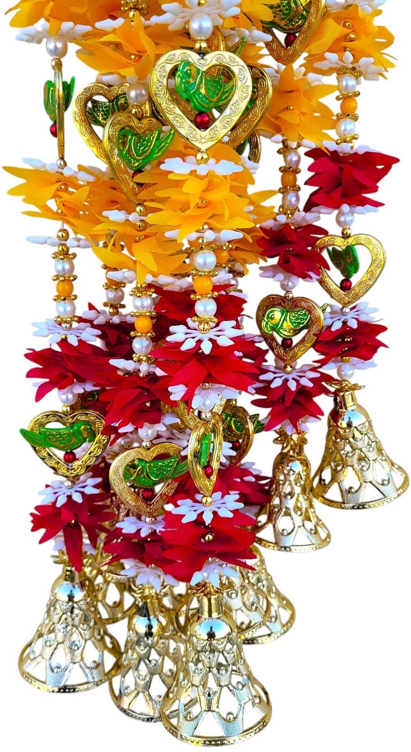 SHAKTISM Handmade Decorative Latkan Hangings – Heart, Parrot, Golden Flower & Kalash Designs with Beads & Golden Bells, Traditional Toran for Main Door, Wedding, Pooja & Festive (Latkan-Parrot) - Image 2