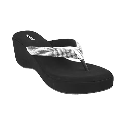 Mochi Women's Black Silver Studded Wedge Sandals | 4 Inch Heel Height | Premium Suede Open Toe Slip On Fashion Footwear | Lightweight | Comfort | Party, Casual, Festive, Stylish Wear | UK 4 - Image 2