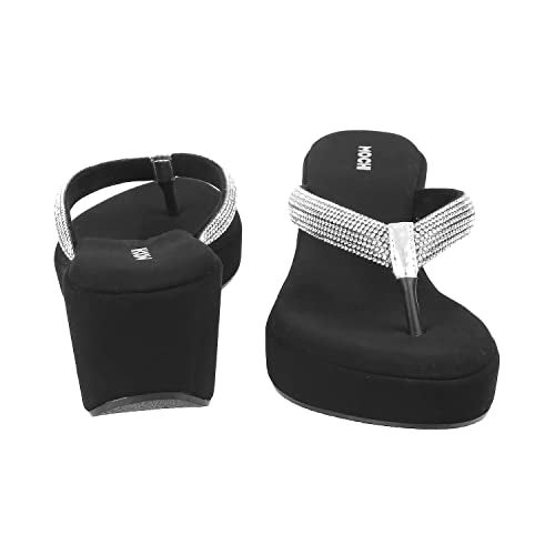 Mochi Women's Black Silver Studded Wedge Sandals | 4 Inch Heel Height | Premium Suede Open Toe Slip On Fashion Footwear | Lightweight | Comfort | Party, Casual, Festive, Stylish Wear | UK 4 - Image 5