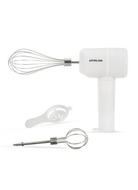Epsilon Rechargeable Cordless Hand Mixer- EPSHM1466| With A Streamline Design and an Ergonomic Grip | Equipped with Lithium Battery and 3 Speed Levels, white