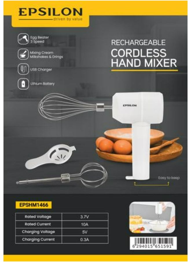 Epsilon Rechargeable Cordless Hand Mixer- EPSHM1466| With A Streamline Design and an Ergonomic Grip | Equipped with Lithium Battery and 3 Speed Levels, white