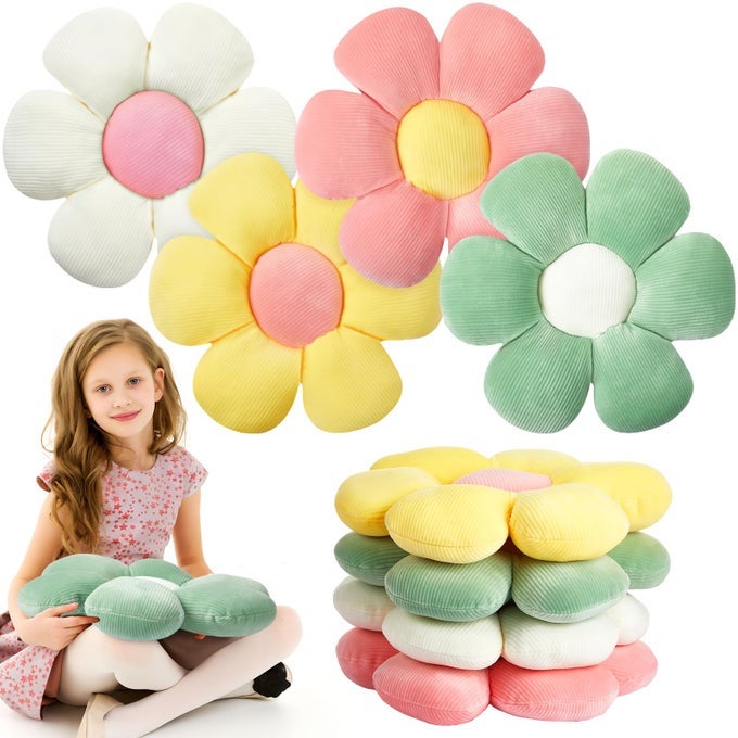 4 PCS FLOWER FLOOR PILLOWS CUTE PLUSH FLOWER THROW PILLOWS DAISY FLOOR SEAT CUSHION CHAIR PADS FOR BACK TO SCHOOL FIRST DAY OF SCHOOL FOR SOFA COUCH BED DECOR15 INCHLIGHT COLOR