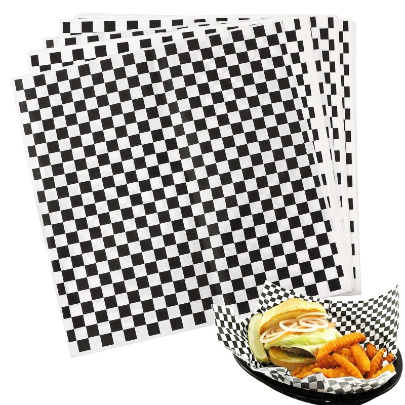 Hslife 100 Sheets Checkered Dry Waxed Deli Paper Sheets Paper Liners for Plastic Food Basket Wrapping Bread and Sandwiches Black