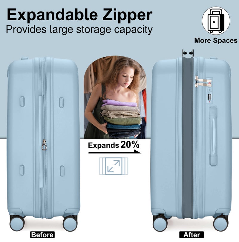 CABINPRO Unisex Expandable Carry On PP Fashion Trolley Lightweight Hard Shell Spinner luggage with 360° Degree 4 Twin Wheel and Double Zippers CP003 Grey Blue - Image 4