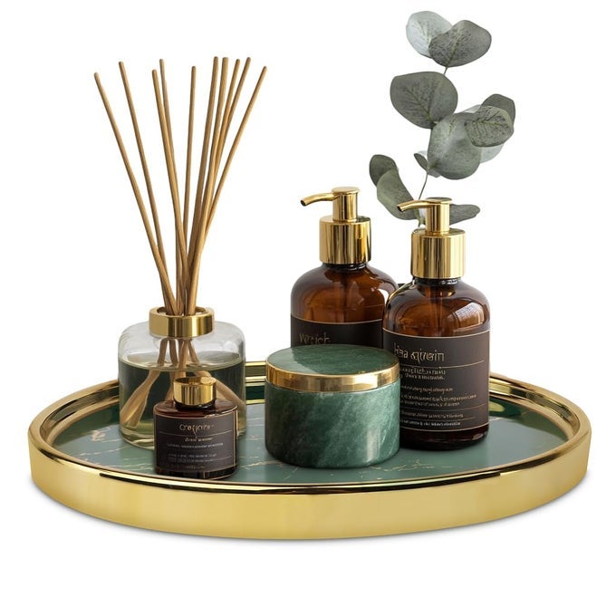 CERAMIC VANITY TRAY FOR BATHROOM JEWELRY AND MAKEUP DECORATIVE ORGANIZER TRAY FOR COUNTERTOPS DRESSER OR SINK ELEGANT GREEN ROUND DESIGN DURABLE STYLISH STORAGE SOLUTION