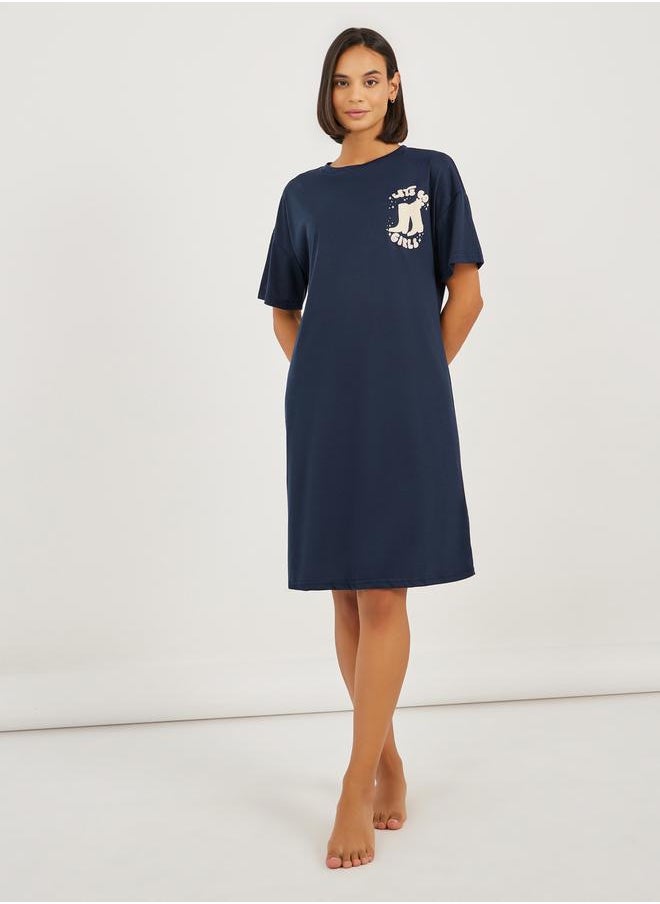 Styli Lets Go Girls Graphic Dropped Shoulder Sleep T-Shirt Dress  - Image 1