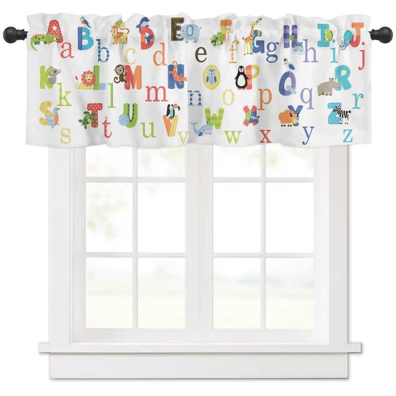 Vandarllin Valance Curtains for Kitchen Window Cute Animals Alphabet for Kids Rod Pocket Valances Window Treatments Colorful Printed Short Curtains for BedroomLiving Room54 X 18 1 Panel