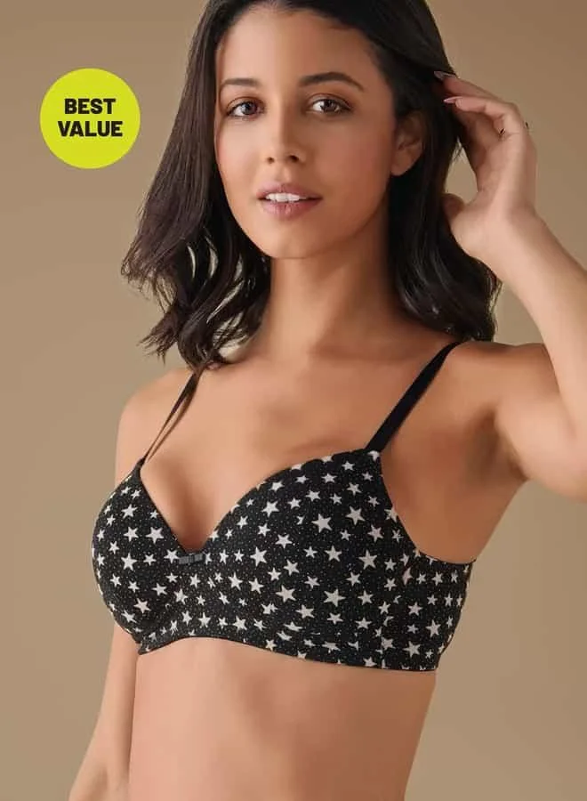 Splash FAV All-Over Star Print Padded Bra with Hook and Eye Closure