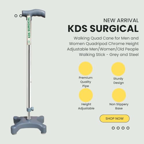 Kds Surgical Quad Canes 4 Leg PVC Quadripod Chrome Height Adjustable Men Women Old People Patient Walking Stick - Grey and Steel (38 inch) 4 Leg Walking Cane for Men/Women, - Image 3