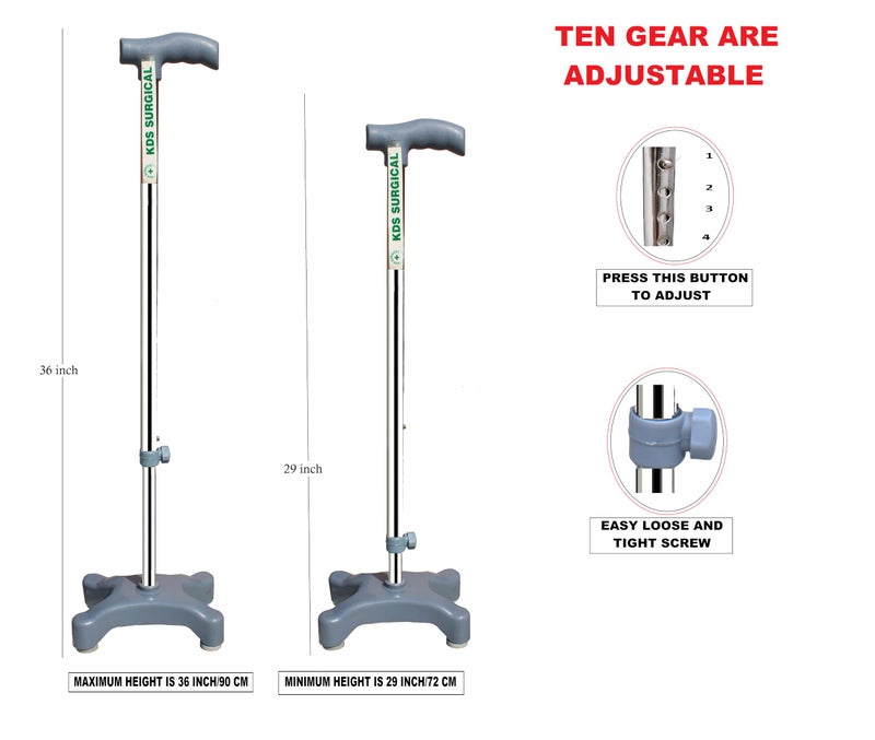 Kds Surgical Quad Canes 4 Leg PVC Quadripod Chrome Height Adjustable Men Women Old People Patient Walking Stick - Grey and Steel (38 inch) 4 Leg Walking Cane for Men/Women, - Image 5