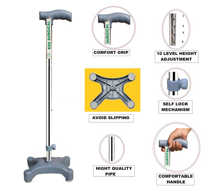 Kds Surgical Quad Canes 4 Leg PVC Quadripod Chrome Height Adjustable Men Women Old People Patient Walking Stick - Grey and Steel (38 inch) 4 Leg Walking Cane for Men/Women, - Image 4