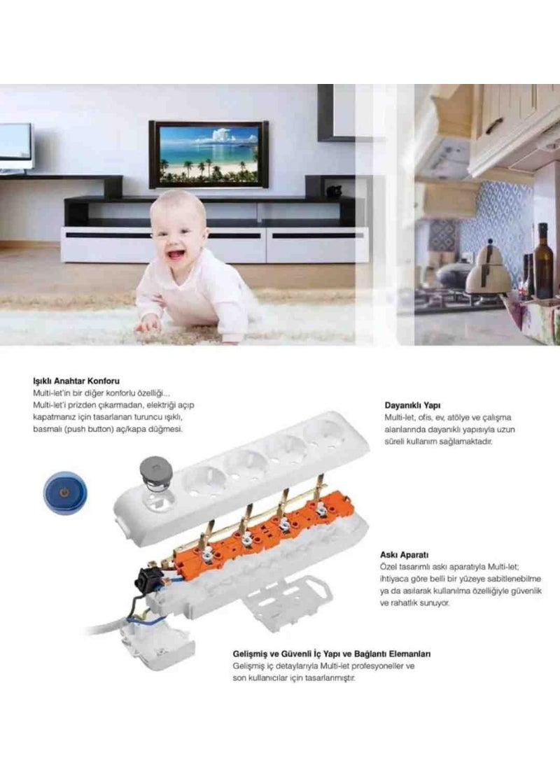 Viko Multi-Let 3-Piece 3x2.5 Oznur Cable Full Copper (Between 18 and 40 Meters) Switched Grounded Child Protection Extension Group Socket (3x2.5 Ttr Oznur Cable Full Copper) Ttr Cable Tsel  - Image 2