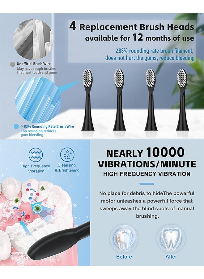 MAANGE Electric Toothbrush with 4 Replaceable Brush Heads, Rechargeable 8 Cleaning Modes Power Toothbrushes, Effective Oral Care for Adults and Kids (Black) - Image 4
