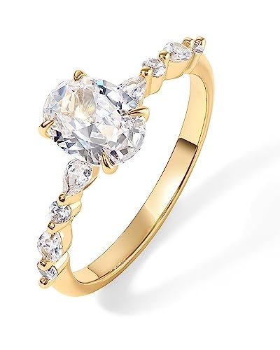 PAVOI 14K Yellow Gold Plated 1.25CT Oval Cubic Zirconia Promise Engagement Ring | Solitaire Wedding Bands | Halo Fake Engagement Ring for Women | Size 5 - Image 3