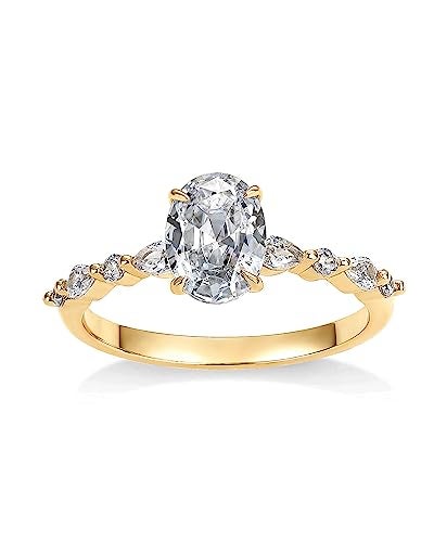 PAVOI 14K Yellow Gold Plated 1.25CT Oval Cubic Zirconia Promise Engagement Ring | Solitaire Wedding Bands | Halo Fake Engagement Ring for Women | Size 5 - Image 1