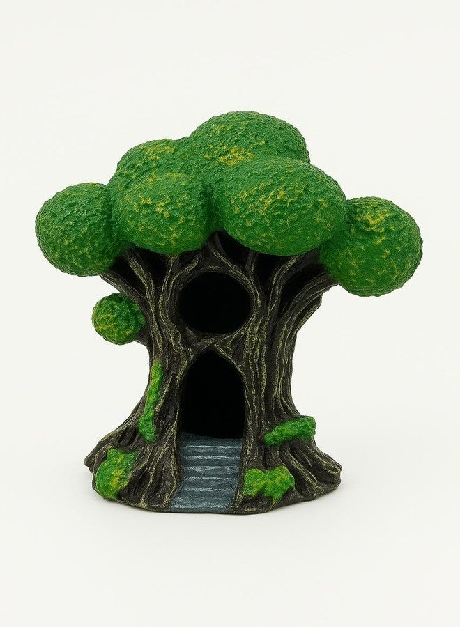 rizopets Aquarium Tree House Ornament, Green and Brown, Resin Decoration with Hideout Cave - Image 1