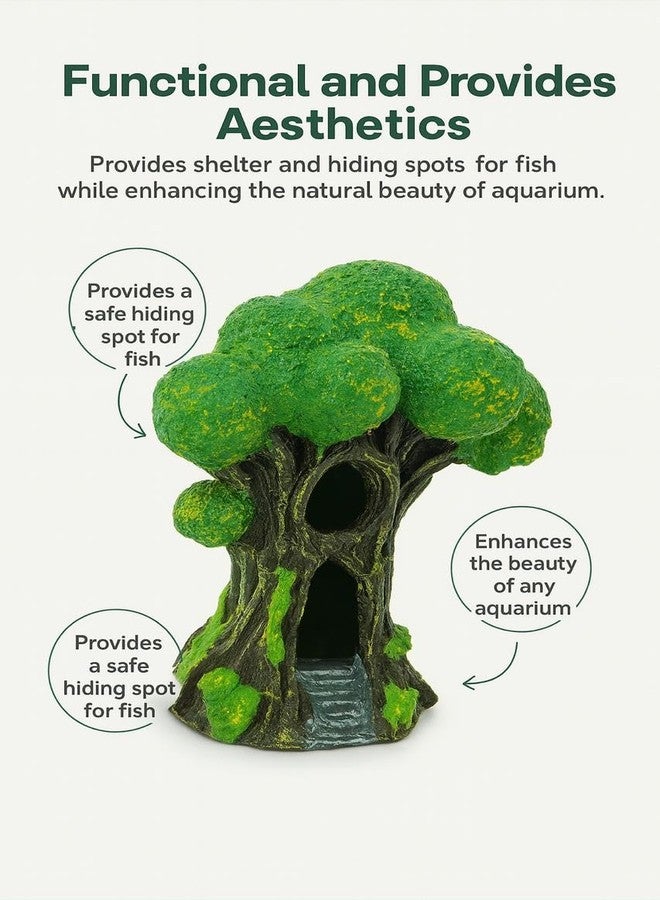 rizopets Aquarium Tree House Ornament, Green and Brown, Resin Decoration with Hideout Cave - Image 4