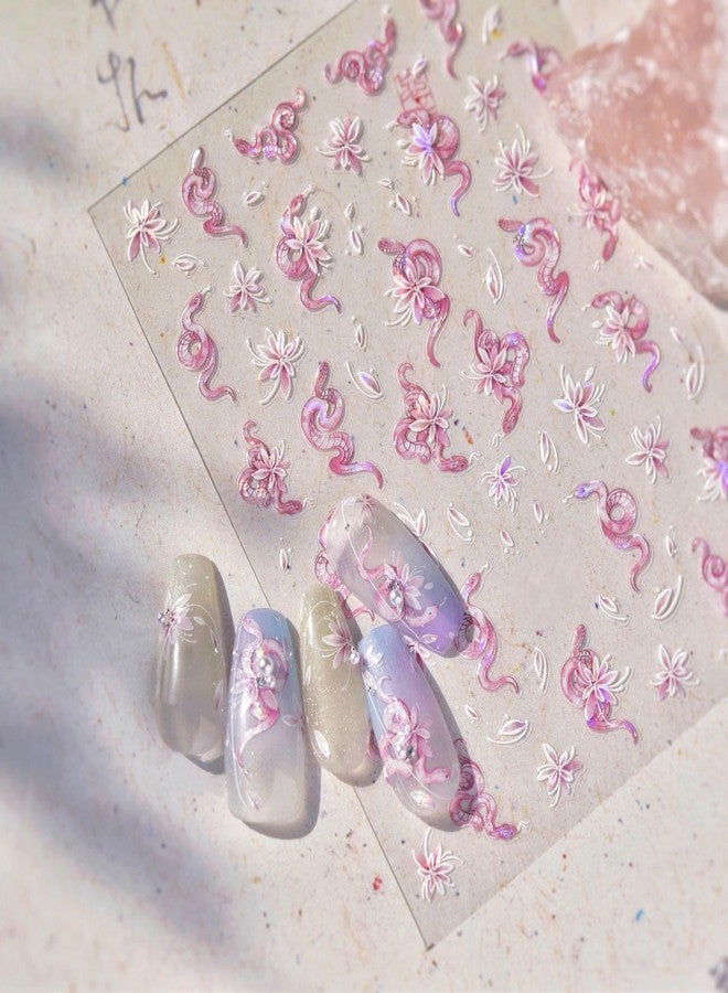 LIFOOST Shell Light Pink Nail Art Stickers 5D Embossed Spring Snake and Flowers Design Nail Decals Press On Nail Accessories Self-Adhesive Nail Supplies for Women Girls Manicure DIY - Image 2