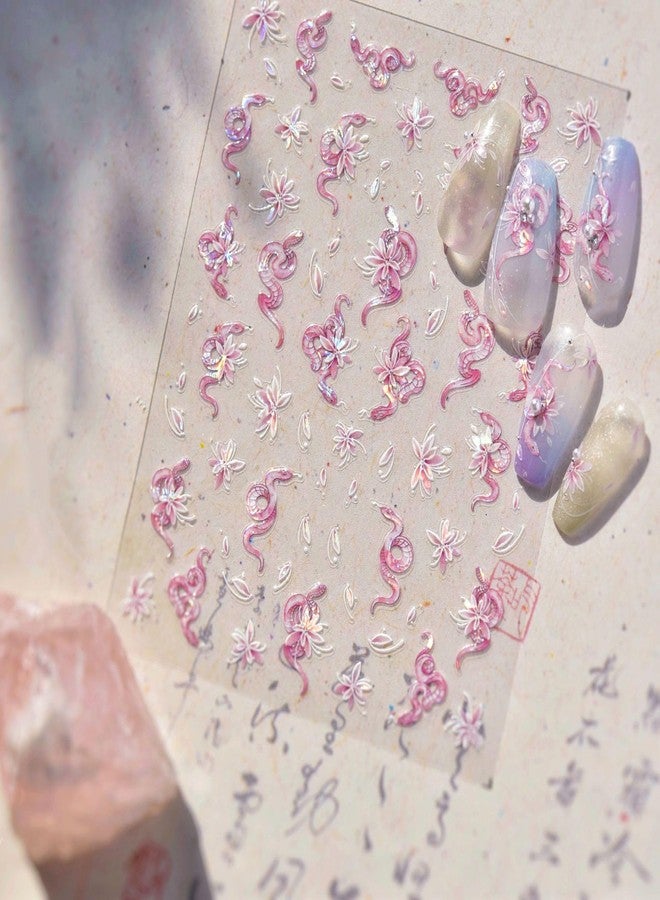 LIFOOST Shell Light Pink Nail Art Stickers 5D Embossed Spring Snake and Flowers Design Nail Decals Press On Nail Accessories Self-Adhesive Nail Supplies for Women Girls Manicure DIY - Image 3