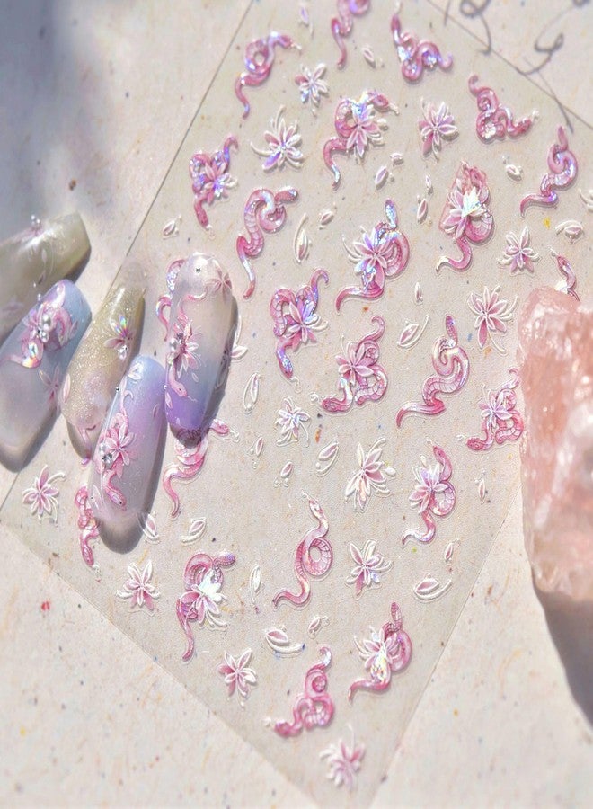 LIFOOST Shell Light Pink Nail Art Stickers 5D Embossed Spring Snake and Flowers Design Nail Decals Press On Nail Accessories Self-Adhesive Nail Supplies for Women Girls Manicure DIY - Image 1