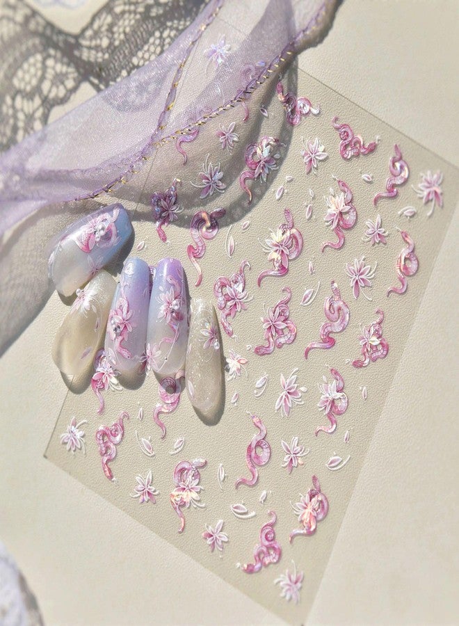 LIFOOST Shell Light Pink Nail Art Stickers 5D Embossed Spring Snake and Flowers Design Nail Decals Press On Nail Accessories Self-Adhesive Nail Supplies for Women Girls Manicure DIY - Image 5