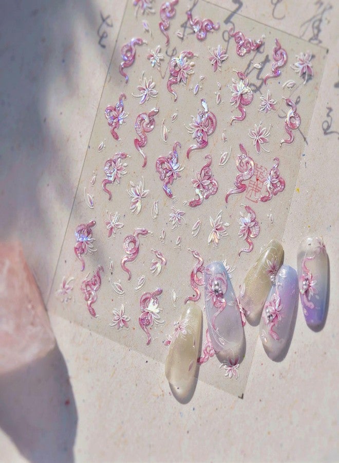 LIFOOST Shell Light Pink Nail Art Stickers 5D Embossed Spring Snake and Flowers Design Nail Decals Press On Nail Accessories Self-Adhesive Nail Supplies for Women Girls Manicure DIY - Image 4