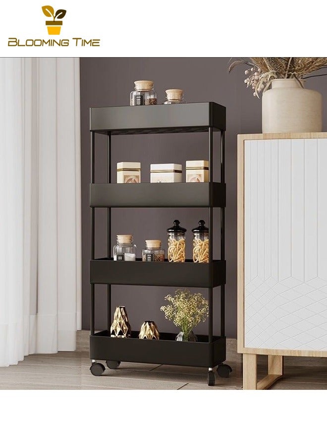 بلومنغ تايم عربة تخزين مكونة من 4 طبقات، رف حمام، رف حمام، رف حمام متعدد الطبقات، رف تخزين مطبخ رف حمام متعدد الطبقات، رف تخزين رف مطبخ رف حمام متعدد الطبقات، رف محمول قابل للإزالة، لون أسود - Image 1