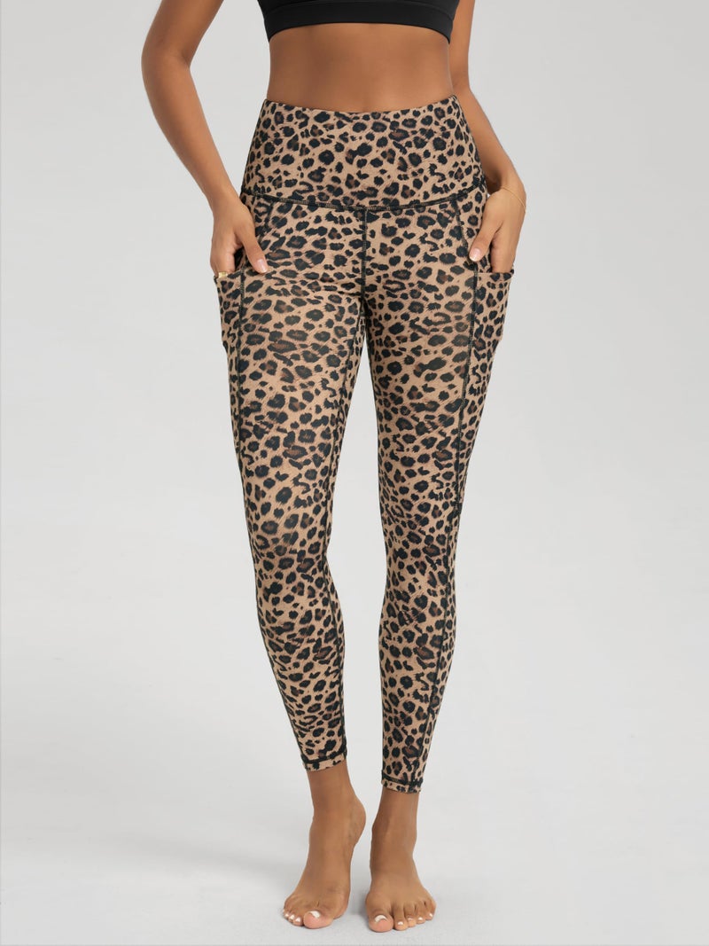 ODODOS Women's High Waisted 7/8 Yoga Leggings with Pockets, 25" Inseam Tummy Control Non See Through Workout Athletic Running Yoga Pants, Leopard, Large - Image 2
