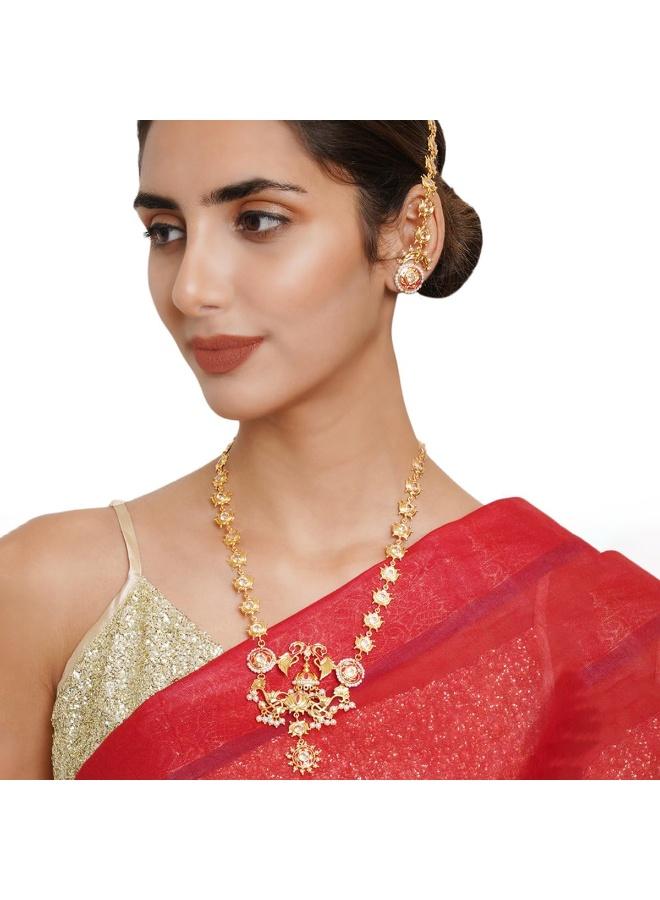 VOYLLA Apsara Peacock and Lotus Design Enamelled Necklace Set, Onesize, Brass, No Gemstone - Image 3
