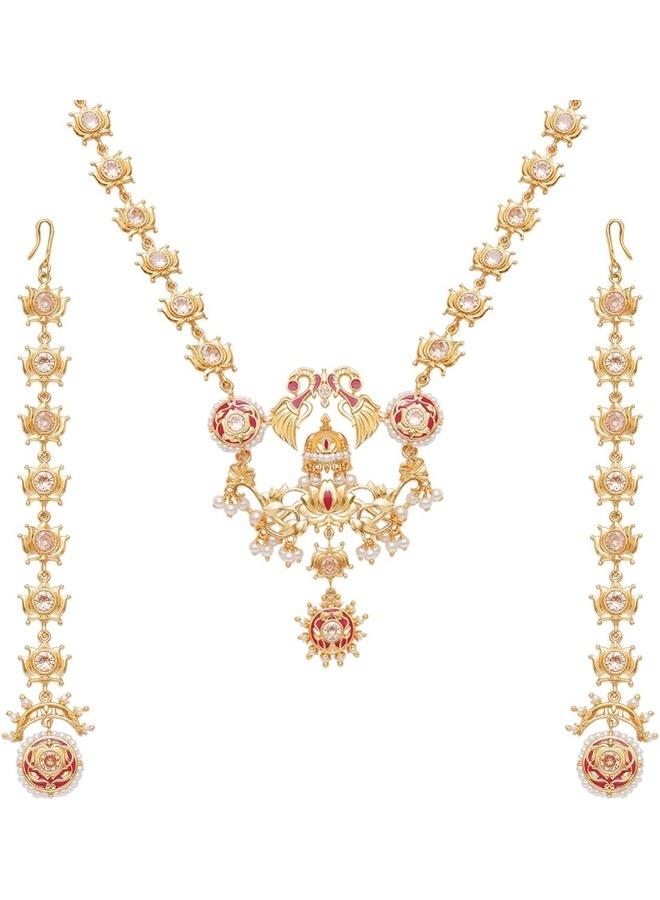 VOYLLA Apsara Peacock and Lotus Design Enamelled Necklace Set, Onesize, Brass, No Gemstone - Image 1