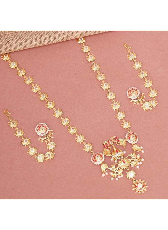 VOYLLA Apsara Peacock and Lotus Design Enamelled Necklace Set, Onesize, Brass, No Gemstone - Image 2
